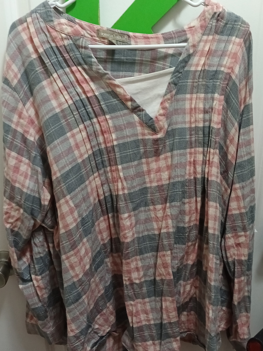Woman Within Plaid V-Neck Tunic Top in Pink & Gray